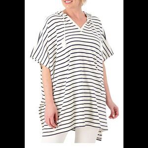 AmberNoon II by Dr. Erum Ilyas Women's Striped Poncho CoverUp Wht/Nvy - Regular